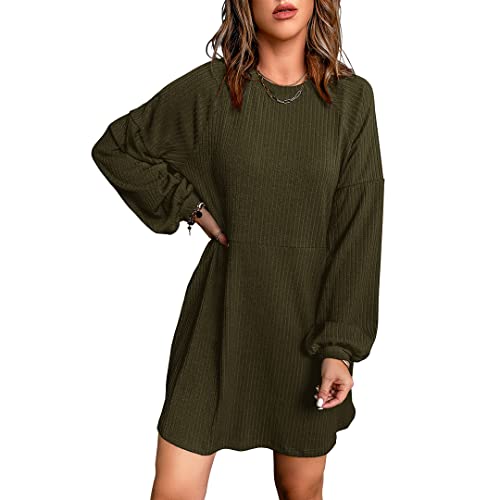 Basicspace Grünes Kleid Langärmliges Knielanges Hemd Kleider Übergröße Rundhalsausschnitt Damen Strickkleid(XXL,Armeegrün) von Basicspace
