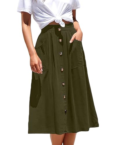 Basicspace Midi-Röcke für Damen Mit Hoher Elastischer Taille Faltenrock A-Linie Midi-Rock Casual Knopf Vorne Ausgestellte Blau Röcke Mit Taschen(XL,Armeegrün) von Basicspace