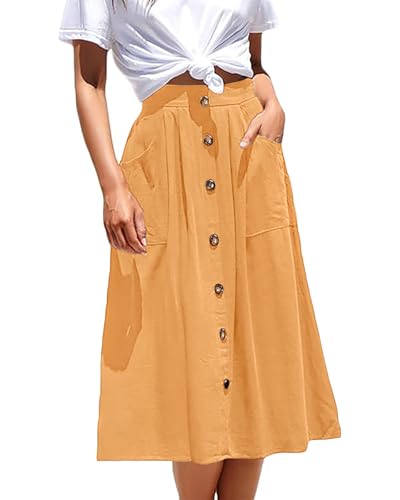 Basicspace Midi-Röcke für Damen Mit Hoher Elastischer Taille Faltenrock A-Linie Midi-Rock Casual Knopf Vorne Ausgestellte Blau Röcke Mit Taschen(XXL,Gelbe) von Basicspace
