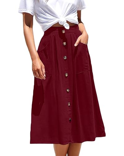 Basicspace Midi-Röcke für Damen Mit Hoher Elastischer Taille Faltenrock A-Linie Midi-Rock Casual Knopf Vorne Ausgestellte Röcke Mit Taschen(S,Tiefrot) von Basicspace