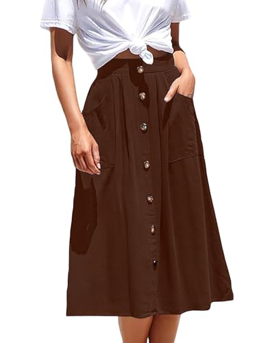 Basicspace Midi-Röcke für Damen Mit Hoher Elastischer Taille Faltenrock A-Linie Midi-Rock Casual Knopf Vorne Ausgestellte Röcke Mit Taschen(XL,Gelb-Braun) von Basicspace