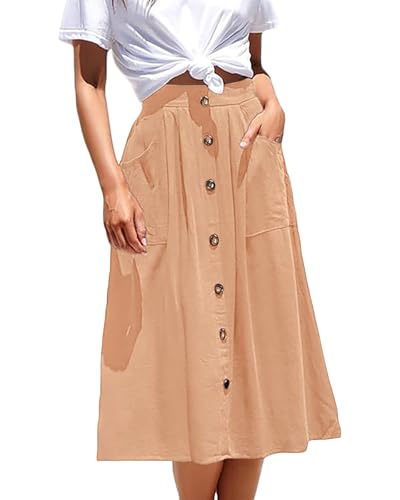 Basicspace Midi-Röcke für Damen Mit Hoher Elastischer Taille Faltenrock A-Linie Midi-Rock Casual Knopf Vorne Ausgestellte Röcke Mit Taschen(XXL,Khaki) von Basicspace