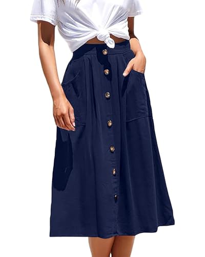 Basicspace Midi-Röcke für Damen mit hoher elastischer Taille Faltenrock A-Linie Midi-Rock Casual Knopf vorne ausgestellte Blau Röcke mit Taschen(S,Blau) von Basicspace