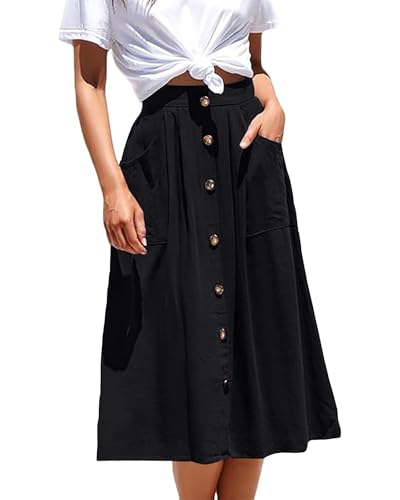 Basicspace Midi Röcke für Frauen hohe elastische Taille plissiert A Linie Midi Rock lässig Knopf vorne ausgestellte Schwarz Röcke mit Taschen（S,Schwarz von Basicspace