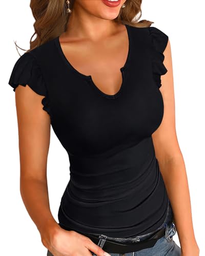 Basicspace Sommer Damen Rüschenhemd gerippt lässig Kurzarm V-Ausschnitt/Rundhals T Shirt Sexy Slim Top Schwarz Kurzarm(Schwarz,XL) von Basicspace