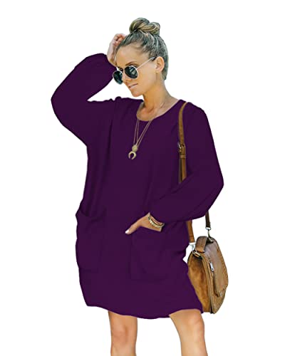 Basicspace Violette Kleider für Damen Elegante Langarm Kleider in A-Linie mit Rundhalsausschnitt und Taschen Pulloverkleid(S,Violett) von Basicspace