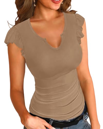 Basicspasce Damen Gerippt Kurzarm LässigV-Ausschnitt Shirt Slim Sexy T Shirt Basic Fit Ruffle Manschetten Sommer Khaki Top(Khaki,L) von Basicspace