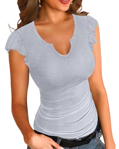 Basicspasce Sommer Damen Basic Kurzarm Casual V-Ausschnitt Shirt Gerippte Rüschenbündchen Kurzarm Slim Stretch Grau T Shirt(Grau,L) von Basicspace