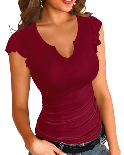 Basicspasce Sommer Damen Basic Kurzarm Casual V-Ausschnitt Shirt Gerippte Rüschenbündchen Kurzarm Slim Stretch Weinrot T Shirt(Weinrot,L) von Basicspace