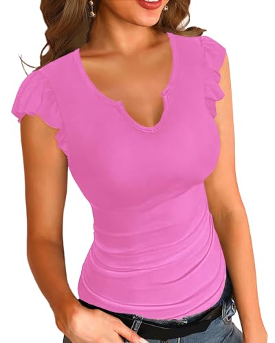 Basicspasce Sommer Damen V-Ausschnitt Kurzarm gerippt Rüschenbündchen Top Fit Sexy Stretch T Shirt Basic Cute Soft Rosa Top (Rosa, XL) von Basicspace