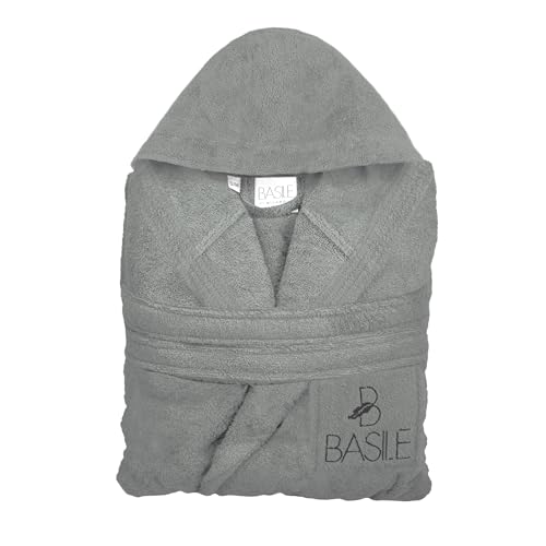 Basile Milano, Bademantel mit Kapuze und Tasche, bestickt aus Frottee aus reiner Baumwolle, Größe L/XL, Grau von Basile Milano