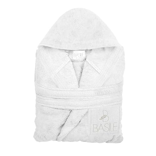 Basile Milano Unisex-Erwachsene Tasche, Bestickt, Frottee, Reine Baumwolle, Größe L/XL, Weiß Bademantel mit Kapuze von Basile Milano
