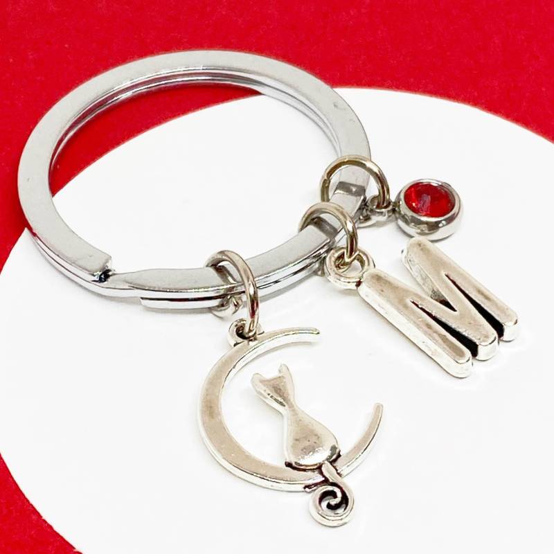 Personalisierte Katzen Halbmond Charme Schlüsselanhänger - Individuelle Initial & Birthstone Geschenk Für Katzenliebhaber, Einzigartiges Monogramm Personalisierte Katzen Halbmond Charme Schlüsselanhänger - Individuelle Initial & Birthstone Geschenk Für Katzenliebhaber, Einzigartiges Monogramm von Basiluv