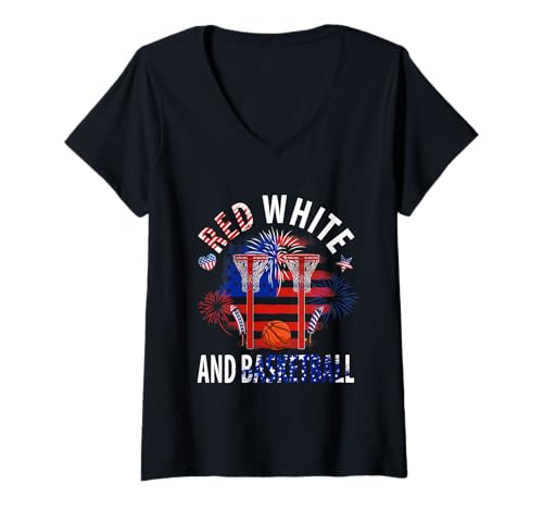 Damen Red White And Basketball 4th Of July Player Patriotic Team T-Shirt mit V-Ausschnitt von Basketball 4th Of July Costume