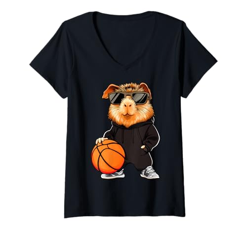 Damen Basketball Meerschweinchen T-Shirt mit V-Ausschnitt von Basketball Animals