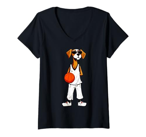 Damen Hund Basketball T-Shirt mit V-Ausschnitt Damen Hund Basketball T-Shirt mit V-Ausschnitt von Basketball Animals