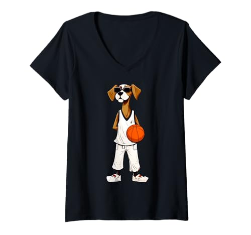 Damen Hunde Basketball/Basketballspieler Hund T-Shirt mit V-Ausschnitt Damen Hunde Basketball/Basketballspieler Hund T-Shirt mit V-Ausschnitt von Basketball Animals