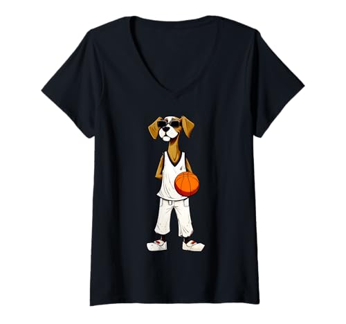 Damen Hunde Basketball T-Shirt mit V-Ausschnitt Damen Hunde Basketball T-Shirt mit V-Ausschnitt von Basketball Animals