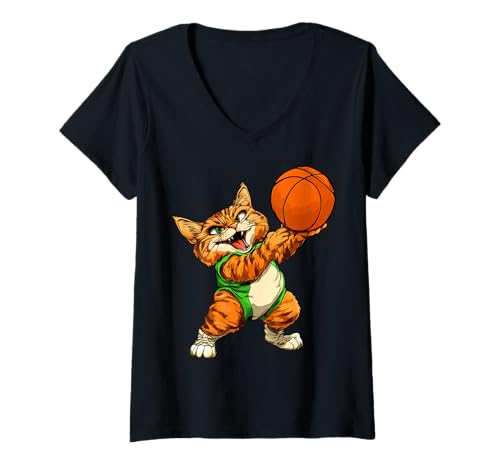 Damen Katzen Basketballspieler/Basketball Katze T-Shirt mit V-Ausschnitt von Basketball Animals