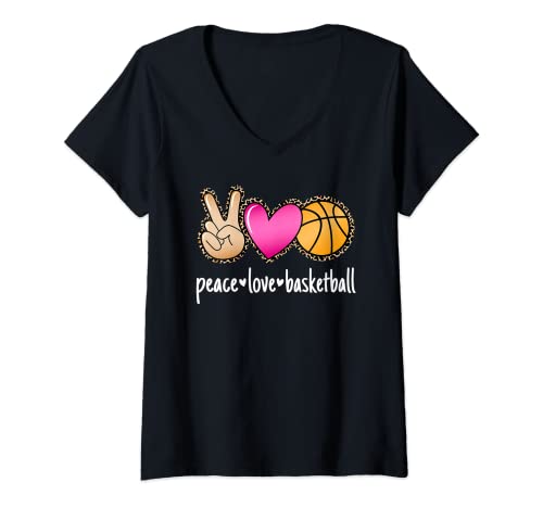 Damen Peace Love Basketball Frauen Mädchen Basketballspielerin T-Shirt mit V-Ausschnitt von Basketball Bekleidung Damen Mädchen Kinder
