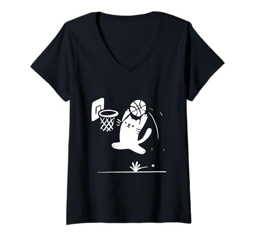 Damen Lustiges Cat Slam Dunk Basketball-Meme im Retro-Sport T-Shirt mit V-Ausschnitt Damen Lustiges Cat Slam Dunk Basketball-Meme im Retro-Sport T-Shirt mit V-Ausschnitt von Basketball Cat Meme Retro Sports Animal Humor