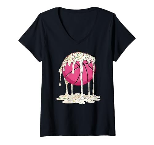 Damen Christmas Sprinkles Pink Basketball Jungen Mädchen Kinder Drippy T-Shirt mit V-Ausschnitt Damen Christmas Sprinkles Pink Basketball Jungen Mädchen Kinder Drippy T-Shirt mit V-Ausschnitt von Basketball Drip Ice Cream Dripping Graphic