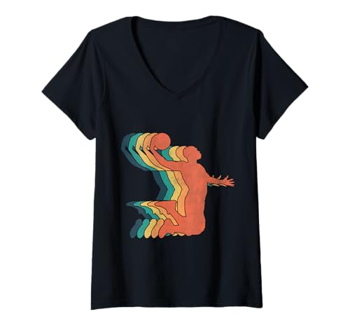 Damen Vintage Basketball Dunk Umrisse Bunt Retro T-Shirt mit V-Ausschnitt von Basketball Dunk Outlines