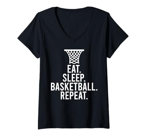 Damen Essen Schlafen Basketball Wiederholen Sportlicher Fokus T-Shirt mit V-Ausschnitt Damen Essen Schlafen Basketball Wiederholen Sportlicher Fokus T-Shirt mit V-Ausschnitt von Basketball Fans und Trainingsbegeisterte