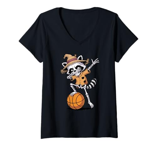 Damen Halloween Waschbär Dabbing Korbspieler Basketball T-Shirt mit V-Ausschnitt Damen Halloween Waschbär Dabbing Korbspieler Basketball T-Shirt mit V-Ausschnitt von Basketball Gift For A Basketballer