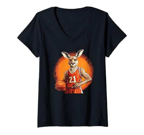 Damen Slam Dunk Fun mit Basketball Känguru Kostüm T-Shirt mit V-Ausschnitt von Basketball Kangaroo