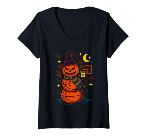 Damen Basketball Kürbis Spieler Hexenhut Halloween Lustig T-Shirt mit V-Ausschnitt von Basketball Lover Player Coach Halloween
