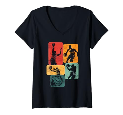 Damen Basketball Spieler Motive farbig Retro T-Shirt mit V-Ausschnitt Damen Basketball Spieler Motive farbig Retro T-Shirt mit V-Ausschnitt von Basketball Motive Retro farbiges Design