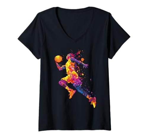 Damen Basketballspieler Streetball Bunte Splash-Silhouette T-Shirt mit V-Ausschnitt Damen Basketballspieler Streetball Bunte Splash-Silhouette T-Shirt mit V-Ausschnitt von Basketball Player Streetball Silhouette Shop