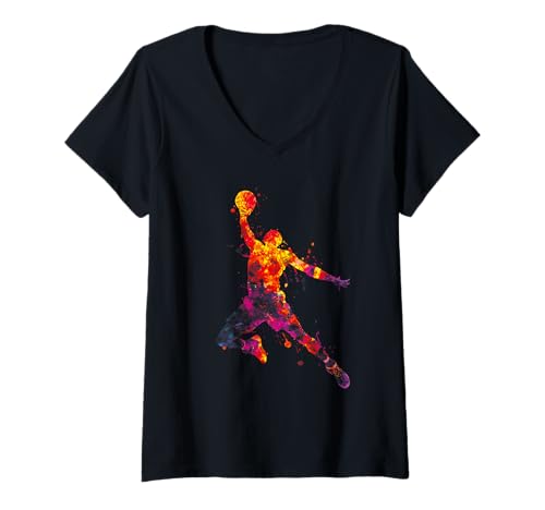 Damen Basketballspieler Streetball Bunte Splash-Silhouette T-Shirt mit V-Ausschnitt von Basketball Player Streetball Silhouette Shop