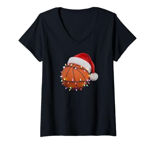 Damen Basketball Weihnachtsbeleuchtung Nikolausmütze Urlaub T-Shirt mit V-Ausschnitt von Basketball Santa Christmas Lights Sports Co