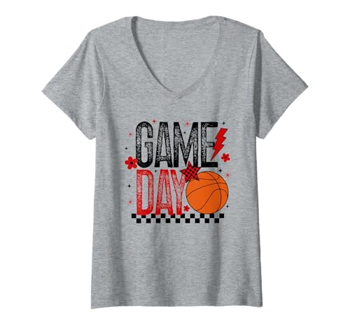 Damen Basketball Mom Game Day Tipoff Saison Schwarz und Rot T-Shirt mit V-Ausschnitt Damen Basketball Mom Game Day Tipoff Saison Schwarz und Rot T-Shirt mit V-Ausschnitt von Basketball T-Shirt Co.