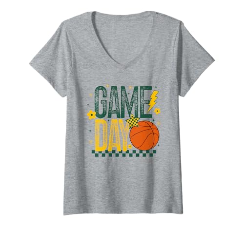 Damen Basketball Mom Game Day Tipoff Season Grün & Gold Gelb T-Shirt mit V-Ausschnitt Damen Basketball Mom Game Day Tipoff Season Grün & Gold Gelb T-Shirt mit V-Ausschnitt von Basketball T-Shirt Co.