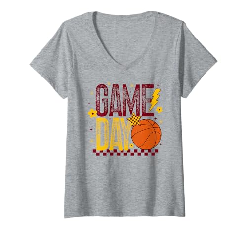 Damen Basketball Mom Game Day Tipoff Season Kastanienbraun & Gold Gelb T-Shirt mit V-Ausschnitt Damen Basketball Mom Game Day Tipoff Season Kastanienbraun & Gold Gelb T-Shirt mit V-Ausschnitt von Basketball T-Shirt Co.