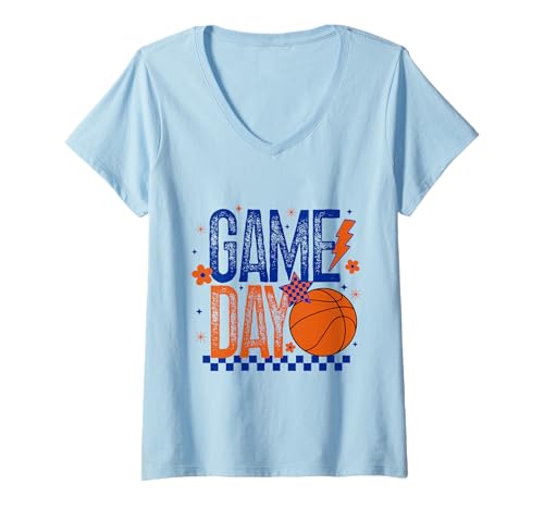 Damen Basketball Mom Game Day Tipoff Season Retro Blau & Orange T-Shirt mit V-Ausschnitt Damen Basketball Mom Game Day Tipoff Season Retro Blau & Orange T-Shirt mit V-Ausschnitt von Basketball T-Shirt Co.
