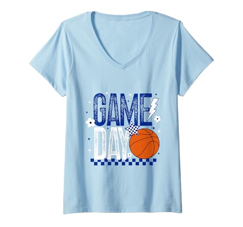 Damen Basketball Mom Game Day Tipoff Season Retro Blau & Weiß T-Shirt mit V-Ausschnitt Damen Basketball Mom Game Day Tipoff Season Retro Blau & Weiß T-Shirt mit V-Ausschnitt von Basketball T-Shirt Co.