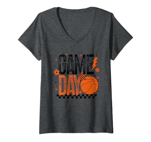 Damen Basketball Mom Game Day Tipoff Season Retro Orange & Schwarz T-Shirt mit V-Ausschnitt Damen Basketball Mom Game Day Tipoff Season Retro Orange & Schwarz T-Shirt mit V-Ausschnitt von Basketball T-Shirt Co.