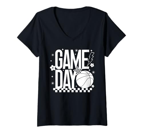 Damen Basketballspiel für Mama, Tipoff Season, kariert, Retro-Design T-Shirt mit V-Ausschnitt Damen Basketballspiel für Mama, Tipoff Season, kariert, Retro-Design T-Shirt mit V-Ausschnitt von Basketball T-Shirt Co.