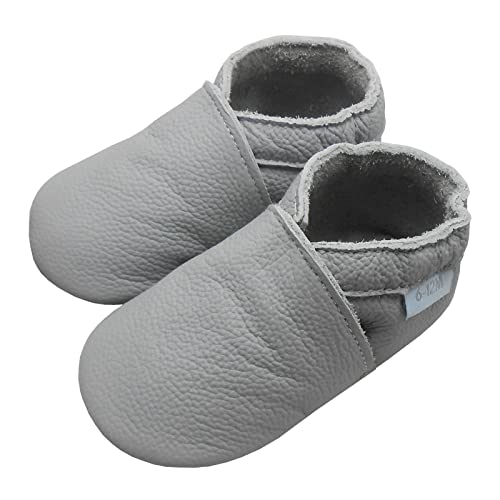 Basrakids Krabbelschuhe Baby Lauflernschuhe Hausschuhe Jungen Mädchen -Weiche Leder Babyhausschuhe rutschfeste Wildledersohlen Lederschuhe Kleinkind Hellgrau-A1(S, 18/19EU) von Basrakids