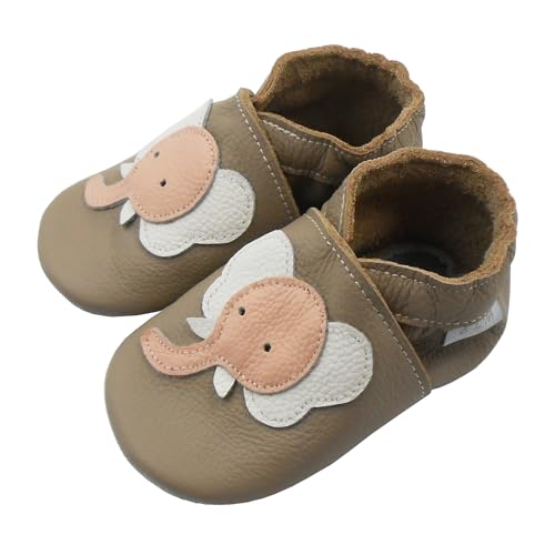 Basrakids Krabbelschuhe Baby Lauflernschuhe Lederpuschen Baby Hausschuhe Kinder Junge Mädchen- Weiche Leder Babyschuhe mit Rutschfesten Wildledersohlen (Beige+Elefant, 22/23EU) von Basrakids