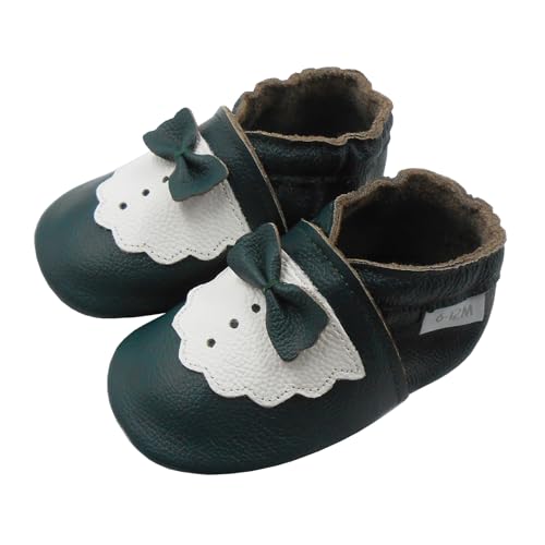 Basrakids Krabbelschuhe Baby Lauflernschuhe Lederpuschen Baby Hausschuhe Kinder Junge Mädchen- Weiche Leder Babyschuhe mit Rutschfesten Wildledersohlen (Dunkelgrüne Schleife, 20/21EU) von Basrakids