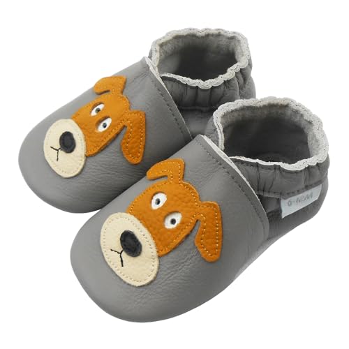 Basrakids Krabbelschuhe Baby Lauflernschuhe Lederpuschen Baby Hausschuhe Kinder Junge Mädchen- Weiche Leder Babyschuhe mit Rutschfesten Wildledersohlen (Grau+Hund, 18/19EU) von Basrakids