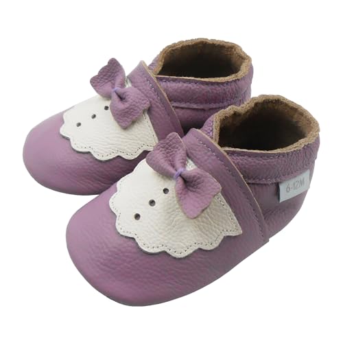Basrakids Krabbelschuhe Baby Lauflernschuhe Lederpuschen Baby Hausschuhe Kinder Junge Mädchen- Weiche Leder Babyschuhe mit Rutschfesten Wildledersohlen (Hellviolette Schleife, 18/19EU) von Basrakids