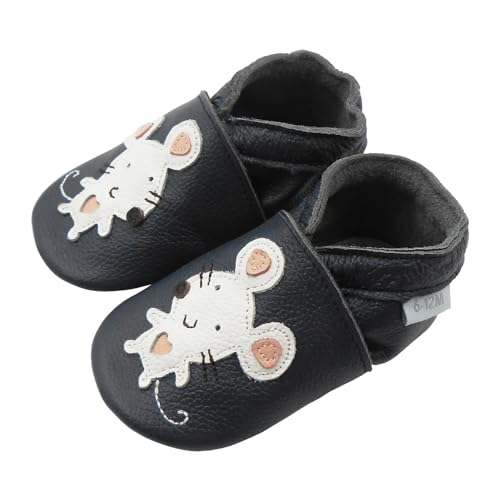 Basrakids Krabbelschuhe Baby Lauflernschuhe Lederpuschen Baby Hausschuhe Kinder Junge Mädchen- Weiche Leder Babyschuhe mit Rutschfesten Wildledersohlen (Schwarz+Weiß Maus, 22/23EU) von Basrakids