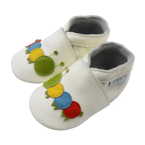 Basrakids Krabbelschuhe Baby Lauflernschuhe Lederpuschen Baby Hausschuhe Kinder Junge Mädchen- Weiche Leder Babyschuhe mit Rutschfesten Wildledersohlen (Weiß+Bunte Raupe, 18/19EU) von Basrakids