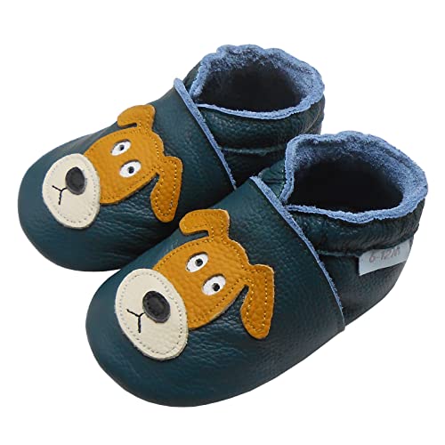 Basrakids Krabbelschuhe Baby Lauflernschuhe Lederpuschen Baby Hausschuhe Kinder Junge Mädchen- Weiche Leder Babyschuhe mit Rutschfesten Wildledersohlen Dunkelgrün Hund (M, 20/21EU) von Basrakids